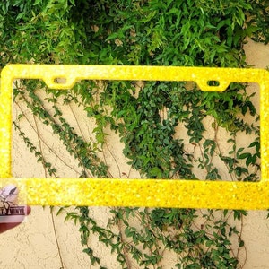 Bright yellow glittered license plate frame| Custom license plate frame| Cute car accessories| Car accessories for women