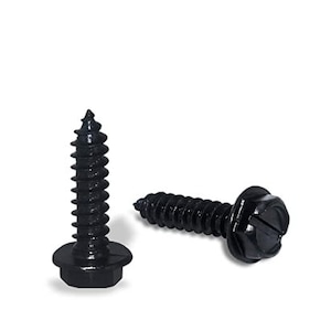 May include: Two black self-tapping screws with a hex washer head. The screws have a coarse thread and a sharp point.