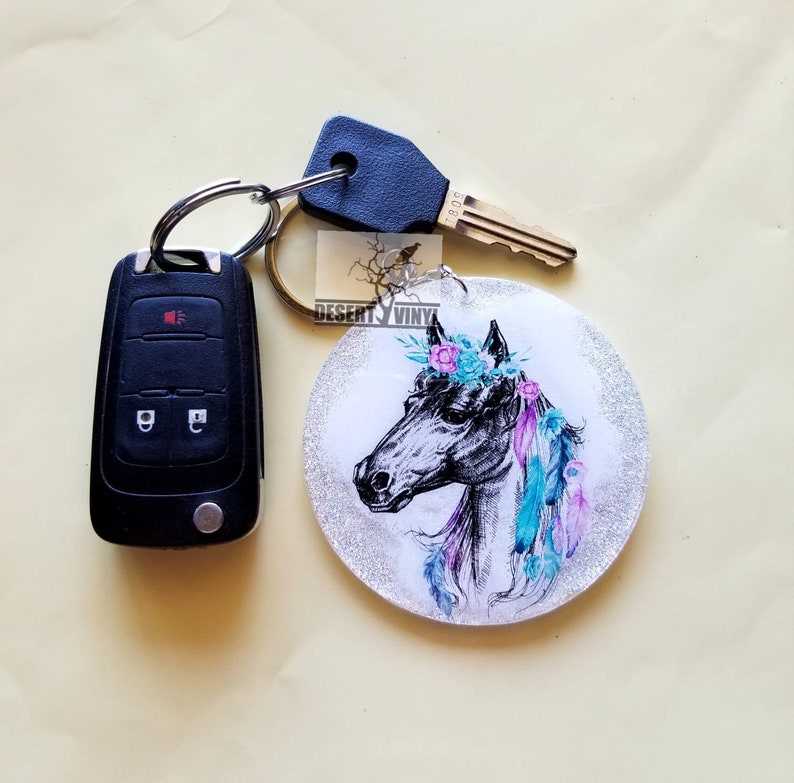 Glitter and flower keychain Hippy keychain White boho horse with flowers keychain Southwestern floral keychain