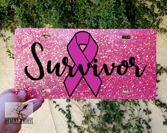 Free Shipping SURVIVOR PINK RIBBON breast cancer awareness inlaid acrylic License Plate