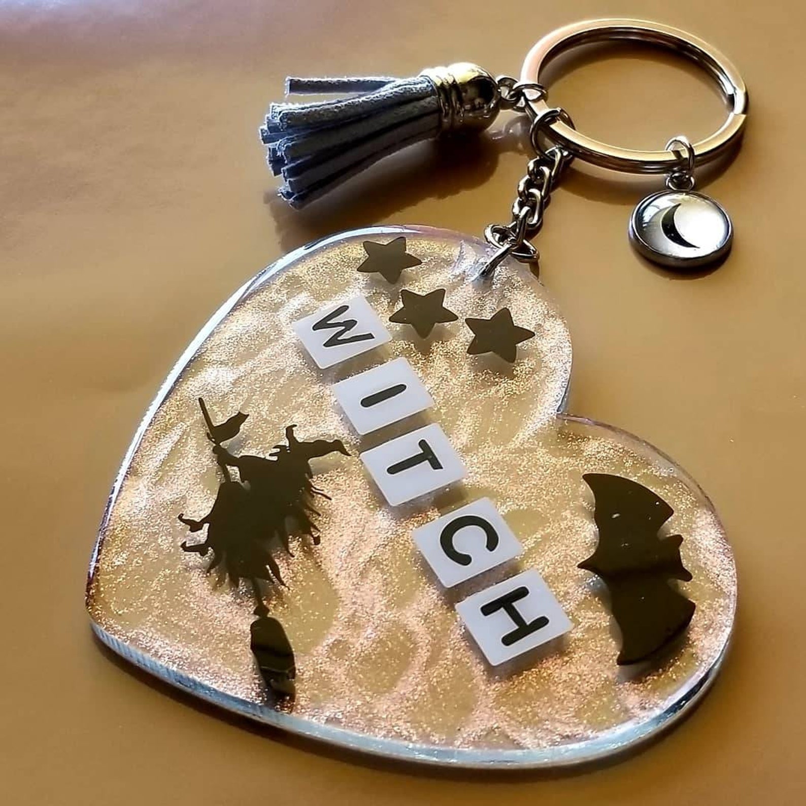 Witch Keychain. Witch on Broom Fall Keychain. Halloween Heart Etsy