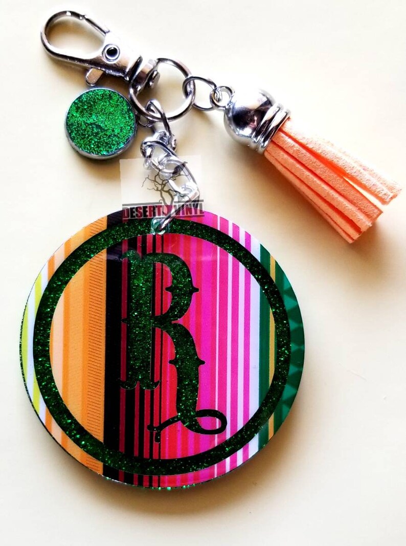 Round serape initial keychain Striped western keychain Southwestern serape keychain Glitter and letter keychain