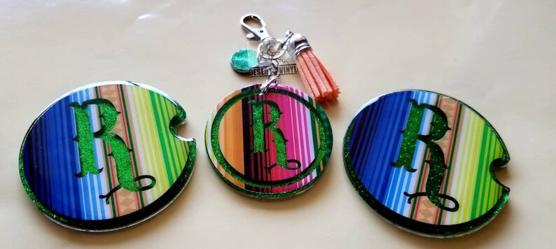 Round serape initial keychain Striped western keychain Southwestern serape keychain Glitter and letter keychain