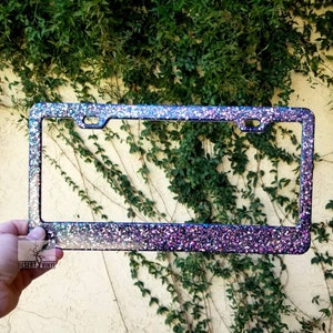 Purple Pink Blue Color Shift Glittered Custom License Plate Frame | Cute Bling Car Accessories for Women. Purple Pink Blue Color Shift Frame