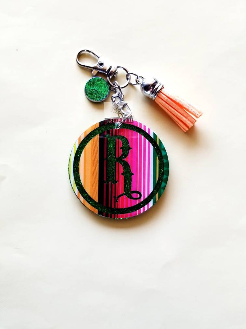 Round serape initial keychain Striped western keychain Southwestern serape keychain Glitter and letter keychain