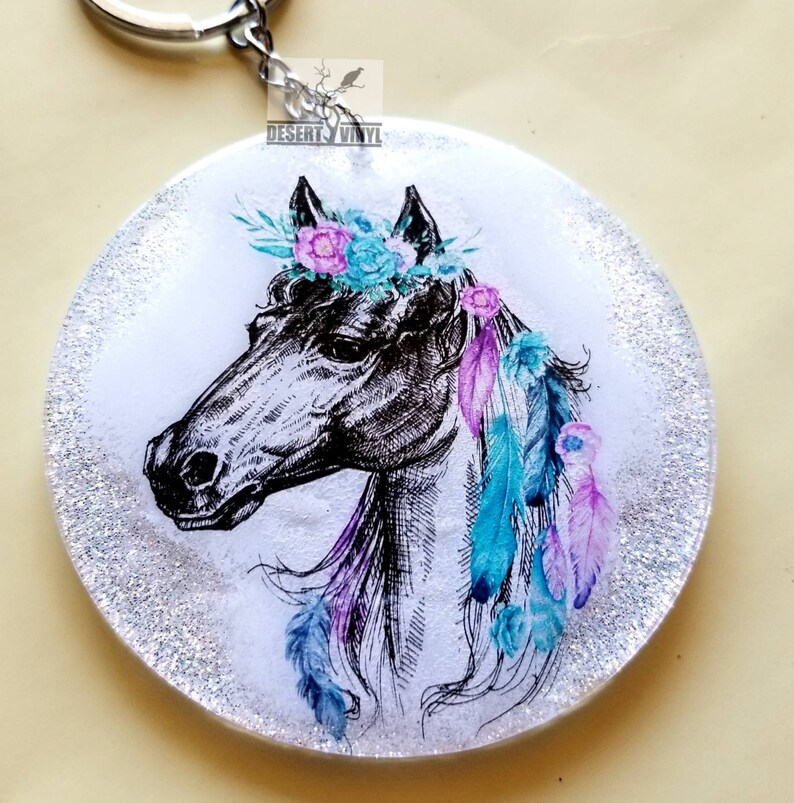 Glitter and flower keychain Hippy keychain White boho horse with flowers keychain Southwestern floral keychain