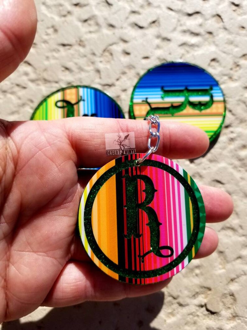 Round serape initial keychain Striped western keychain Southwestern serape keychain Glitter and letter keychain