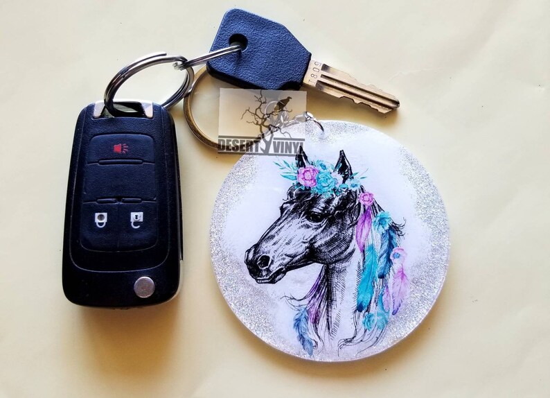 Glitter and flower keychain Hippy keychain White boho horse with flowers keychain Southwestern floral keychain