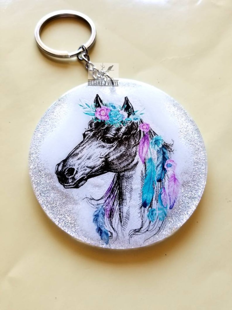Glitter and flower keychain Hippy keychain White boho horse with flowers keychain Southwestern floral keychain