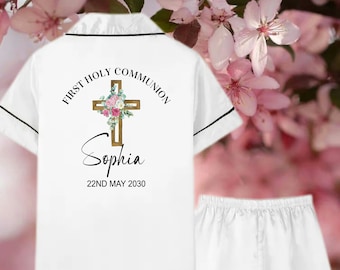 Personalized First Holy Communion Satin Pajamas: Lace Robe, Catholic Gift