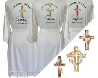 First Holy Communion, Confirmation, Catholic Church,  Satin Lace Robe, White Robe, Dressing Gown, Personalised Robes, Getting Ready Gown.
