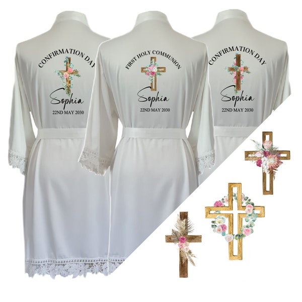 First Holy Communion, Confirmation, Catholic Church,  Satin Lace Robe, White Robe, Dressing Gown, Personalised Robes, Getting Ready Gown.