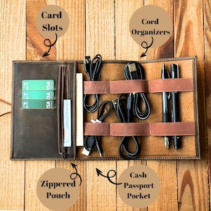 Personalized Leather Cable Organizer Bag, Charger and Cord Organizer, Perfect Travel Accessory and Anniversary Gift, Custom Traveler&#39;s Gifts