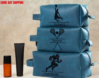 Sports Gift, Personalized Leather Dopp Kit, Custom Engraved Toiletry Bag, Athlete, Coach, Team, Groom, Groomsmen, Father, Husband Gift