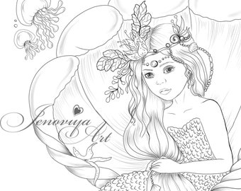 Little MERMAID tail -Selestina, granddaughter of triton coloring page, Printable coloring, adult coloring page, coloring pdf