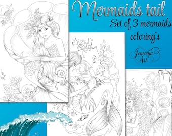 MERMAID tail set of 3 coloring page, Printable coloring, adult coloring page, coloring pdf