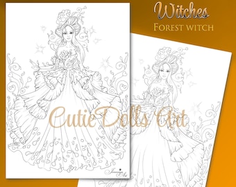 Halloween coloring witch, Mushroom, fairy coloring page, Printable coloring page, coloring pdf