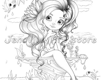 MERMAID tail- Mermaid with harp coloring page, Printable coloring, adult coloring page, coloring pdf