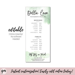 Editable Price List Printable Custom Photography Price List Etsy