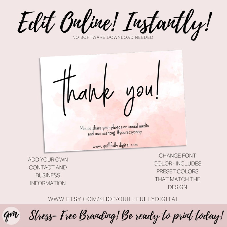Pink Water Color Thank You Shopping Card Business Thank You Card Pink Packaging Card Social Media Custom Packaging Card Thank You Customer