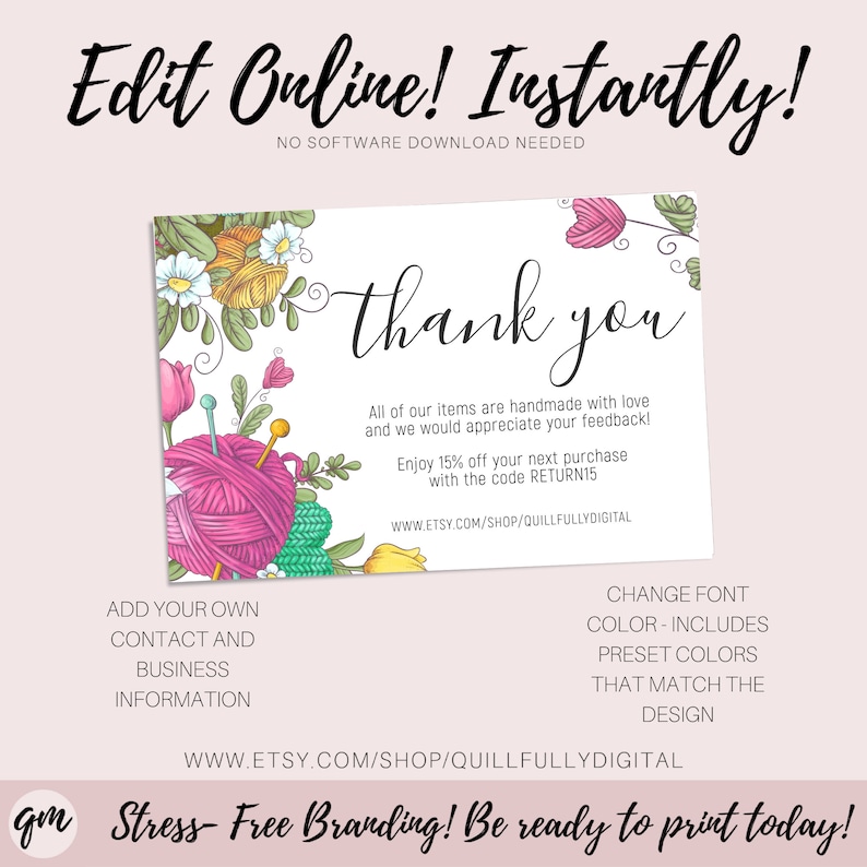 Instant Knitting Thank You Card Template Custom Crochet Thank Etsy