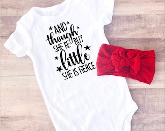 Little and Fierce Baby Bodysuit with Bow - Baby Girl Bodysuit, Hospital Outfit, Preemie, Coming Home Outfit, 2 Piece Set, Baby Bow