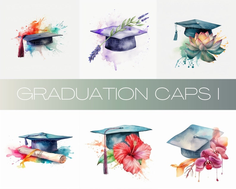 Graduation Caps I - Watercolor Style - Clip Art - Digital Art Download ...
