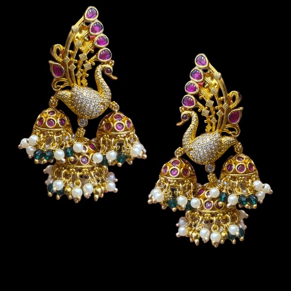 Ruby stones dancing peacock Chand Bali with pressing style back By Asp Fashion