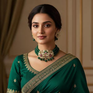 May include: A woman wearing a green beaded necklace with a gold pendant adorned with red and green gemstones. Matching earrings and a green sari with gold embroidery complete the ensemble. The jewelry is the focal point.