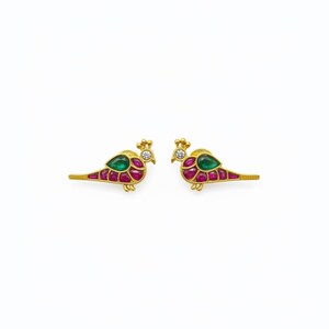 Jadau Kundan Peacock Stud Earrings | Ruby Emerald CZ | Screw Back | Temple Jewellery