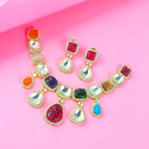 Wedding Wear Navratan Polki Moissanite Kundan Necklace Set By Asp Fashion Jewellery