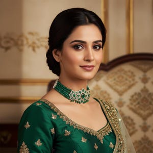 May include: A woman wearing a green beaded choker necklace with a central floral design. The necklace complements a green silk blouse with gold embroidery. The woman has dark hair and is seated in front of a patterned backdrop.