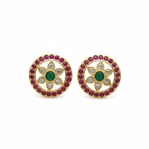 Kempu Kundan Big Round Stud Earrings | Ruby & Multicolour | 24K Gold Plated | Screw Back