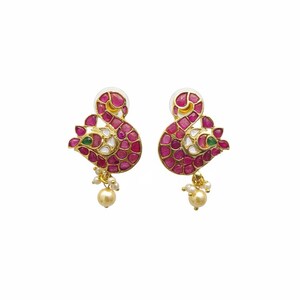 Pendientes Kempu hechos a mano con pato, cisne Hamsa, kundan rosa rubí, perlas colgantes, cierre a presión, 4 cm