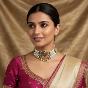 May include: A gold-toned choker necklace with a central circular pendant featuring red and green gemstones. The necklace has multiple strands of white pearls and is worn on a person wearing a pink blouse.