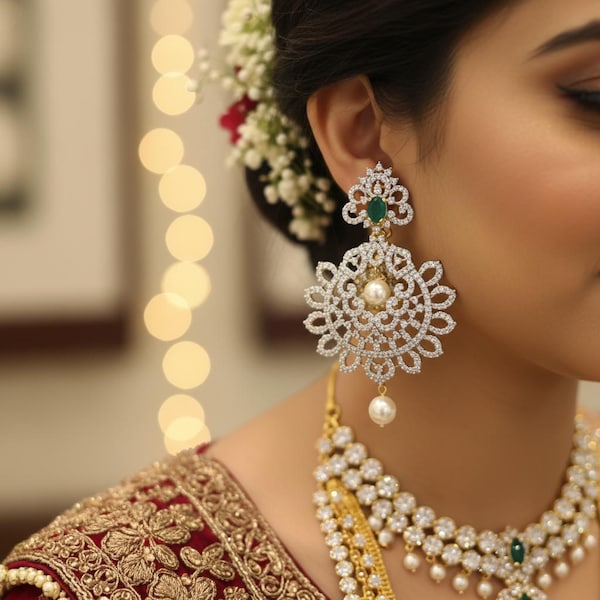 Diamond Chandbali Earrings | CZ Floral Lattice with Emerald & Pearl Drop | Silver Finish