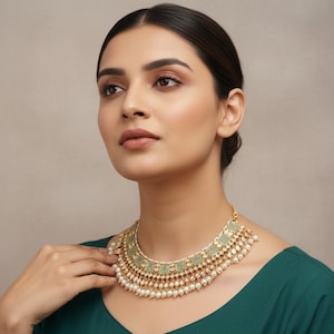 May include: A gold-toned statement necklace featuring a row of square, light green stones interspersed with small white pearls. The design includes multiple dangling layers of tiny white pearls suspended from the main stone-set collar base.