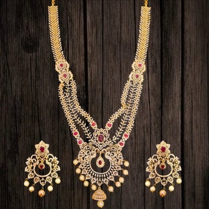 Arihant Indian Bridal Necklace/Long Haram/Cz Necklace/Indian jewelry/Gold Plated Necklace/Wedding jewelry