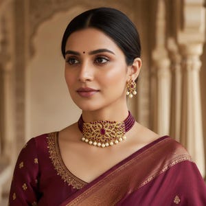 May include: A woman wearing a maroon choker necklace and matching earrings. The necklace features a gold-colored filigree design with red gemstones and small white pearls. The earrings have a similar design. The woman is wearing a maroon blouse.