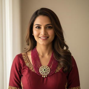 Peut inclure: Une femme porte un chemisier bordeaux et un collier de rubis à plusieurs rangs avec un grand pendentif. Le pendentif présente une pierre verte centrale entourée de petites pierres précieuses et de perles. Le chemisier a une broderie dorée autour de l'encolure.