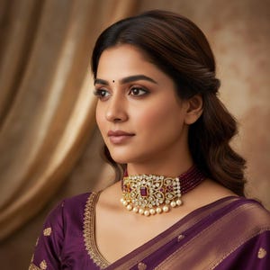 May include: A gold-toned choker necklace with a central rectangular ruby and surrounding white gemstones. The necklace has a beaded maroon base and a row of pearls. The woman is wearing a purple sari.
