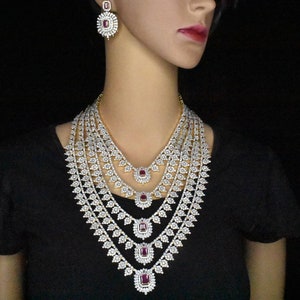 Bridal Jewelry Set, CZ Wedding Necklace Set, bridal jewelry, zircon jewelry, Ruby Studded American Diamond Necklace