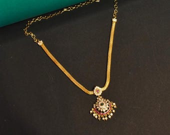 Traditional Kempu Naan Patti Necklace | 24K Gold Plated Temple Jewelry