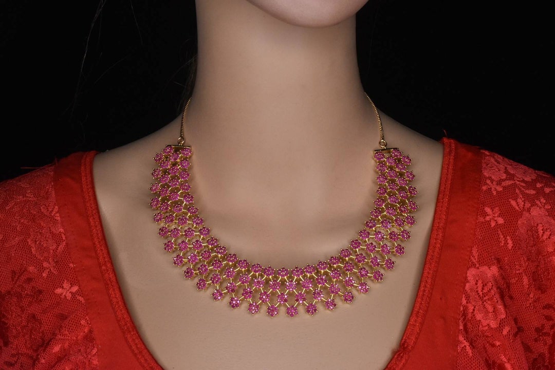 Indian Ruby Gold Finished Necklace With Pressing Style Back by Asp