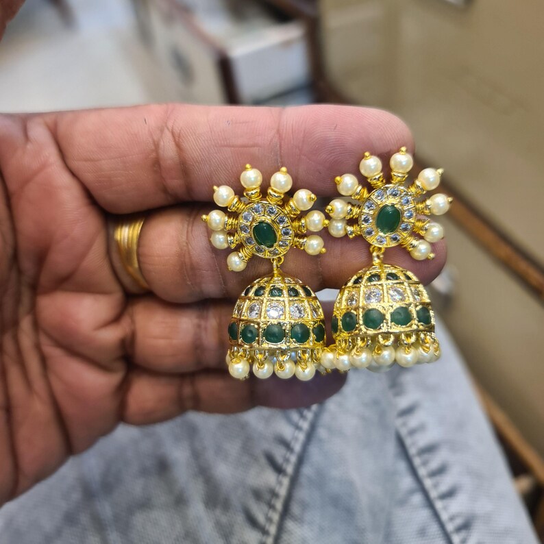 Kempu Chakra Sun Jhumka Earrings | Pearl-tipped Spokes | Dome Jhumka ...