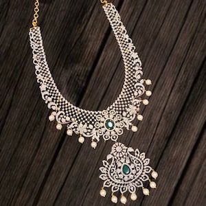 Indian Diamond Replica Haram/American Diamond Necklace/Cz Necklace With Jhumkas/Indian Necklace/Wedding jewelry/South Indian jewelry