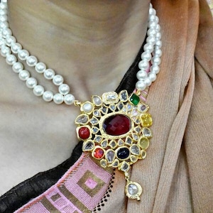 Handmade navratna pendent Mala with south sea pearl By Asp Fashion