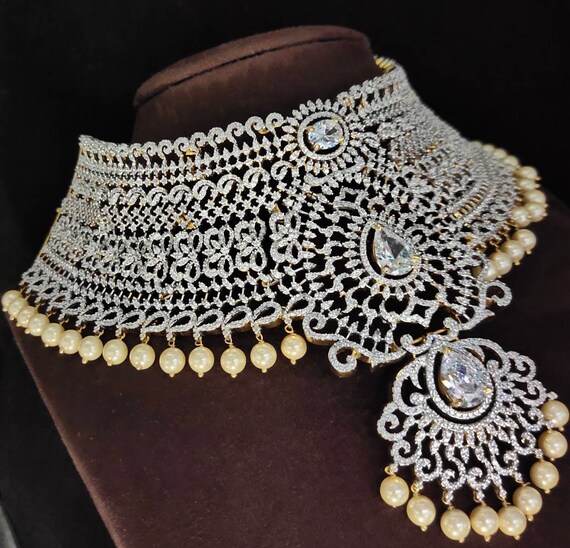 Arihant Bridal Collar Choker Necklace Set with Earrings in American Diamonds,Ruby's \u0026 Emeralds (1gm Gold)-Indian Wedding Jewelry