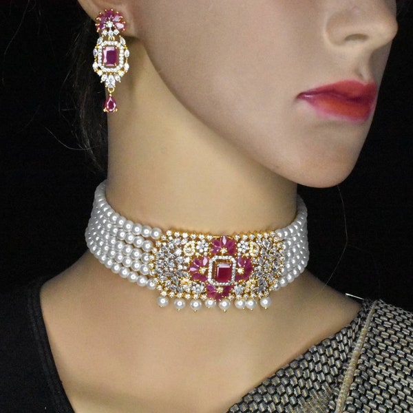 American Diamond Choker set With Earrings indian jewelry/Indian Choker Necklace/Diamond jewelry/Pearls jewelry By Asp Fashion