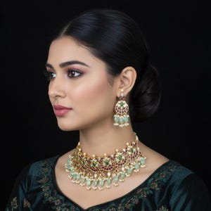 Gold Plated Polki Choker Set with Ruby and Emerald Stones
